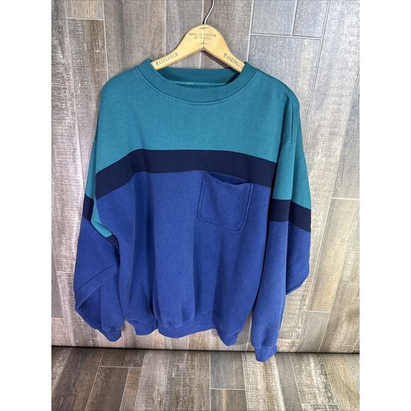 VTG 90s Striped Color Block Pattern Sweatshirt‎ Size XL Casual Pullover|Pockets - Picture 1 of 9